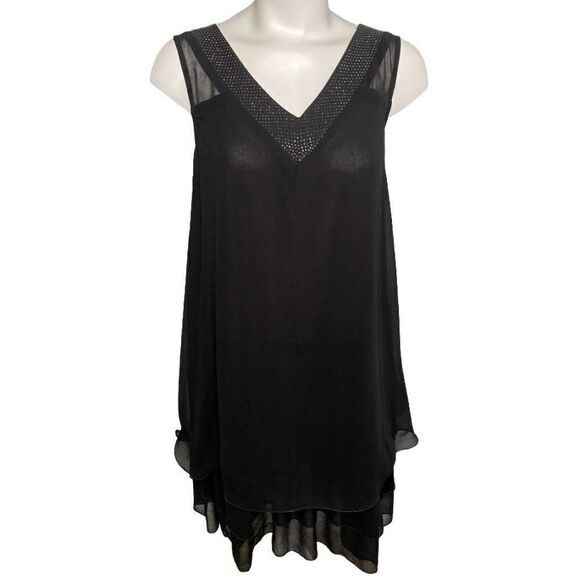 Forever 21 Black Chiffon Sleeveless V Neck‎ Rhinestone Swing Dress Sz Small - Picture 1 of 11